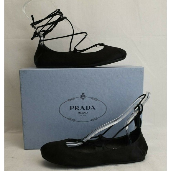 NIB PRADA 1F657H BLACK CANVAS SATIN ANKLE WRAP LACE BALLERINA FLATS 37.5 ITALY - Picture 2 of 12